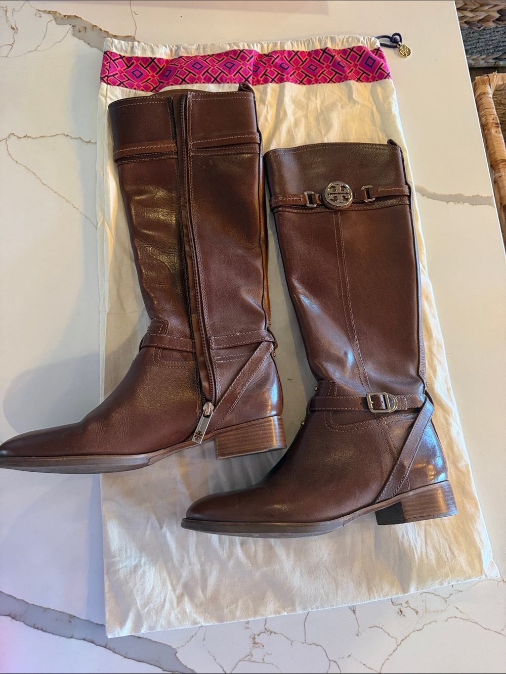 Tory Burch Brown Leather Knee-High Boots with Logo Medallion